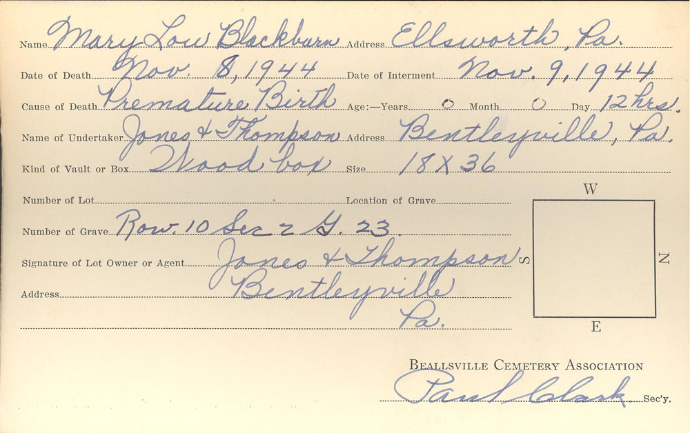 Mary Lou Blackburn burial card